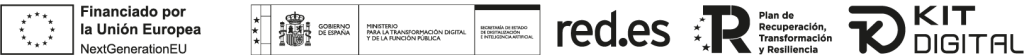 Logos de Fondos NextGeneration, Ministerio para la transformación digital y de la función púbica, red.es, Plan de Recuperación, transformación y resiliencia y Kit Digital.