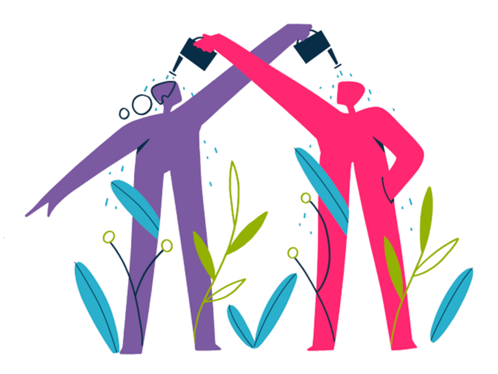 Infografía del proyecto IMEX de dos figuras se riegan y alrededor de ellas crecen plantas.