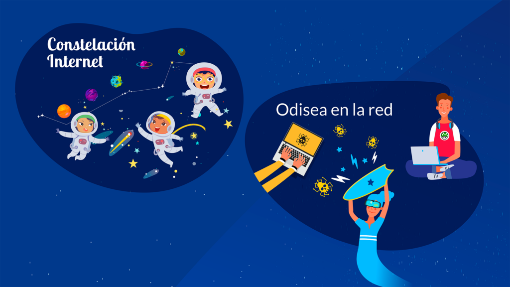 Imagen del proyecto CODI, creada con dibujos de niños astronautas en los que se lee 'constelación internet' y 'odisea en la red'.