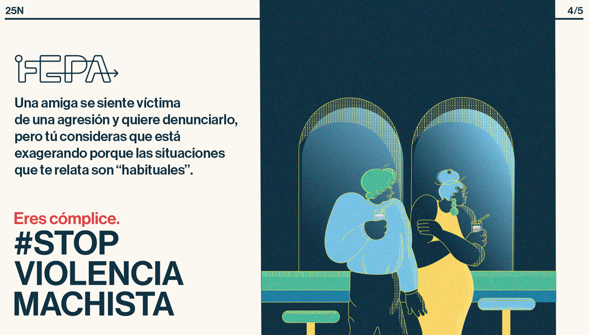 Slide de la campaña impulsada por FEPA en 2024 en el marco del 25N bajo el lema #StopViolenciaMachista.
