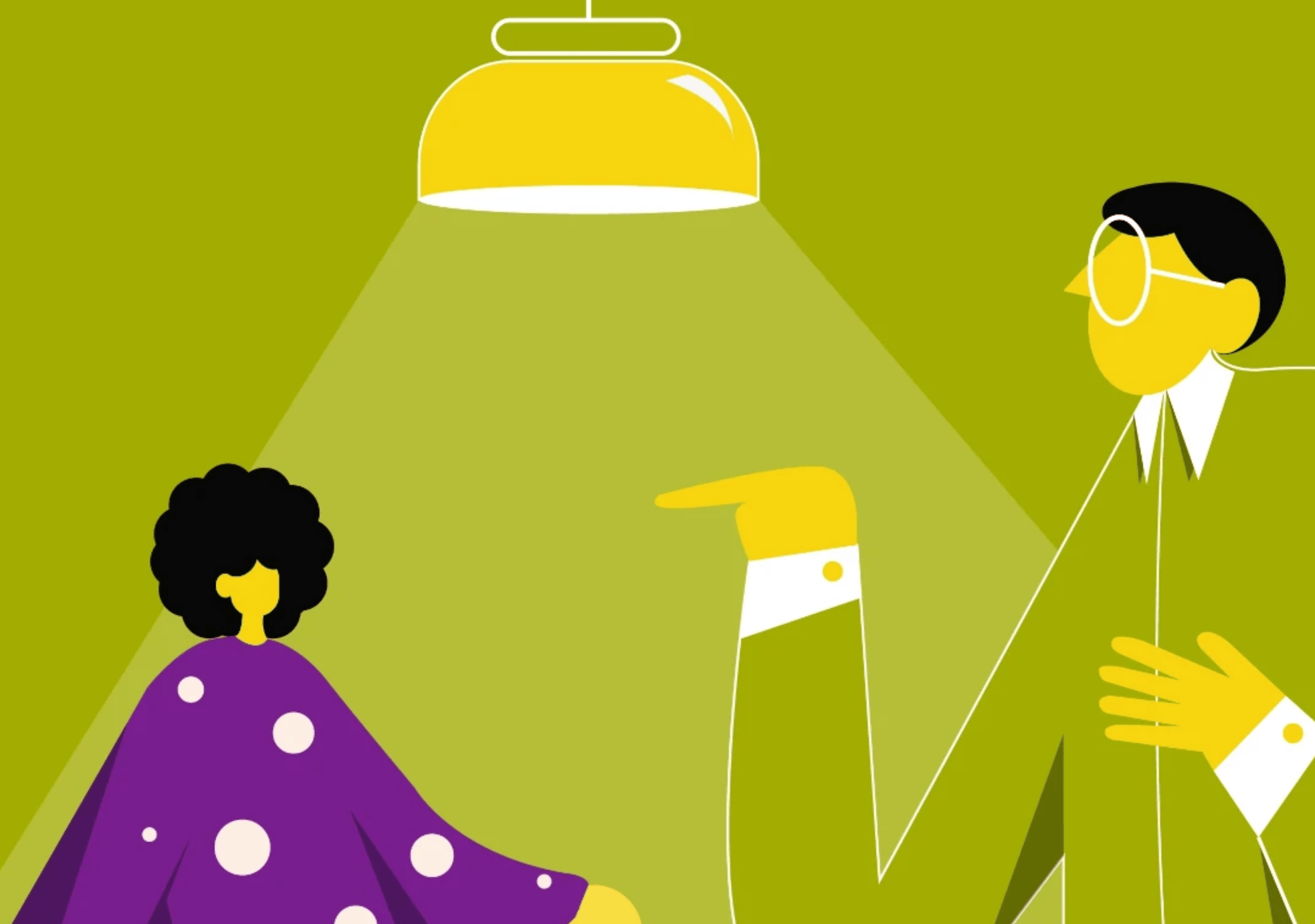 Ilustración de la campaña #YoLoHeVivido en la que se ve a un hombre que señala inquisitivamente a una mujer.