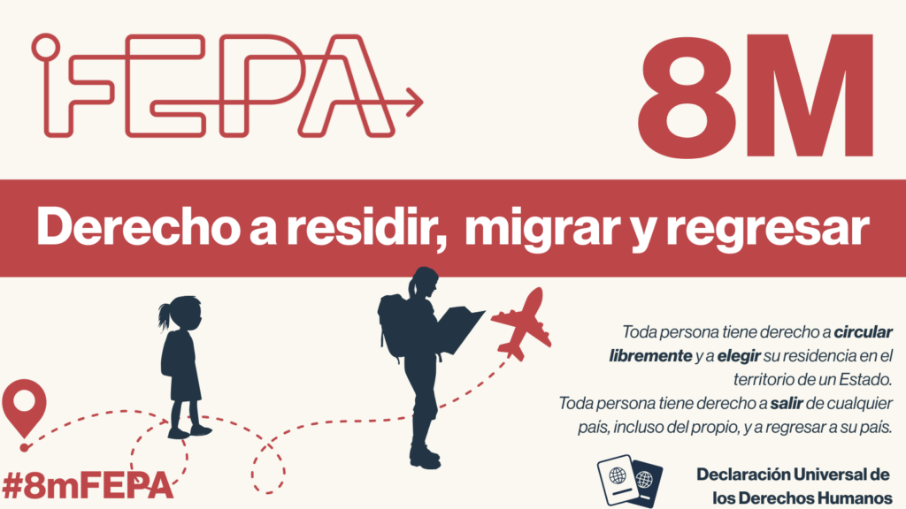 Ilustración de la campaña de FEPA con motivo del 8M, centrada en el derecho a residir, migrar y regresar.