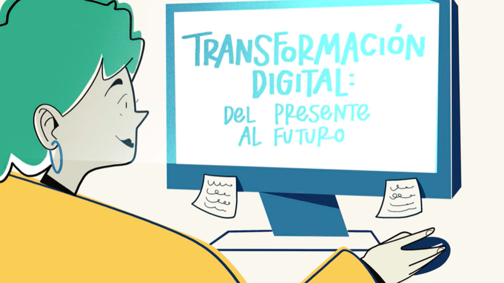 Ilustración de una chica trabajando. En su pantalla de ordenador se lee 'Transformación digital: del presente al futuro'.